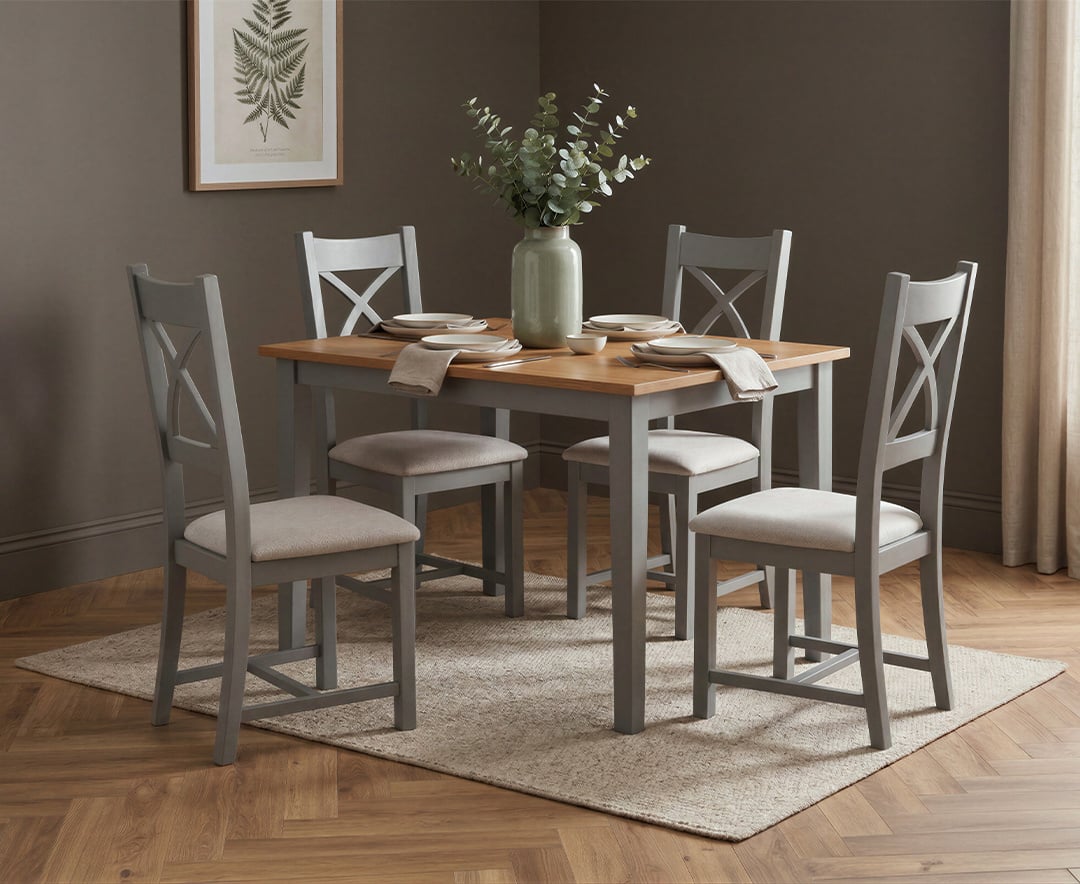 Kendal 115cm Solid Oak and Light Grey Painted Dining Table with 4 Light Grey Painted Chairs