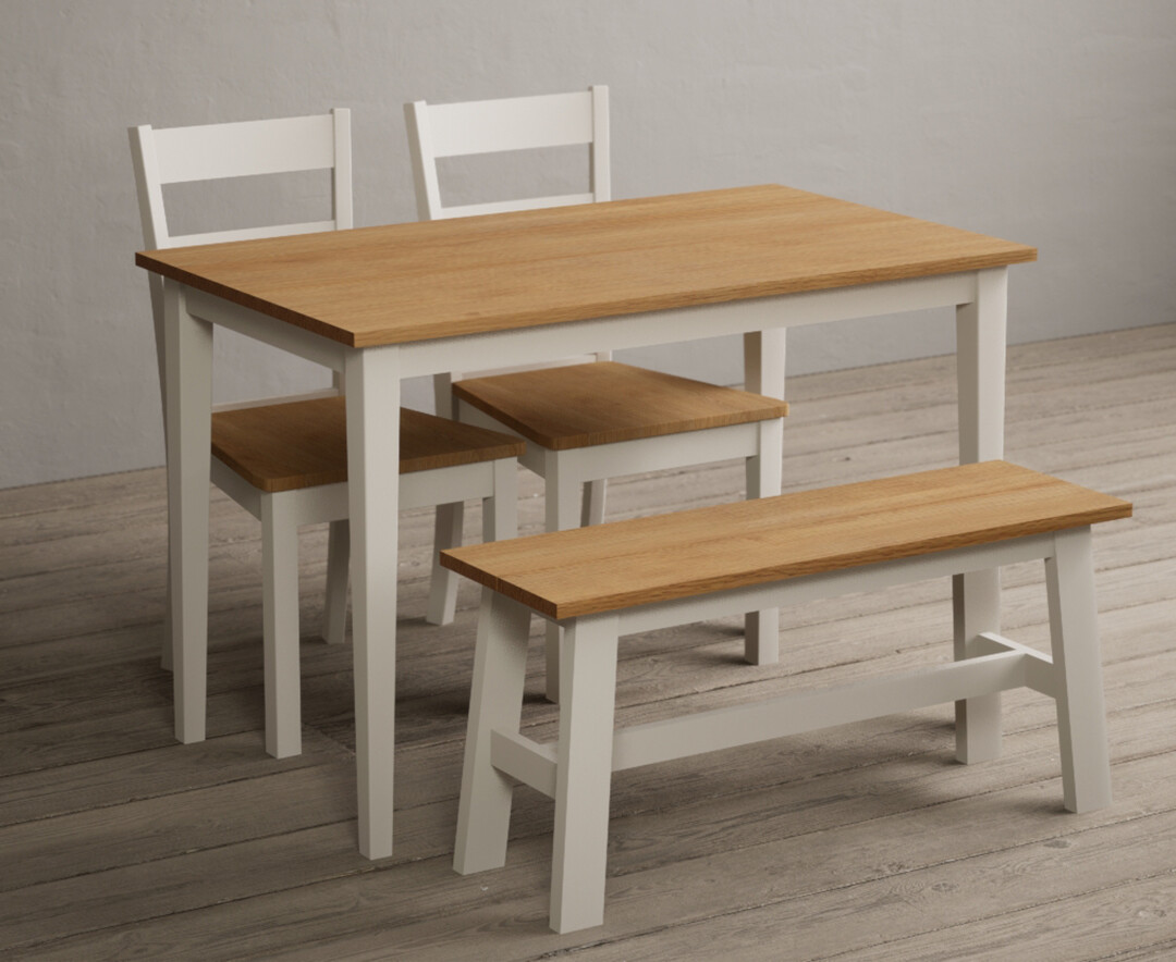 Kendal 115cm Solid Oak And Cream Painted Dining Table With 2 Oak Kendal Chairs With 1 Cream Bench