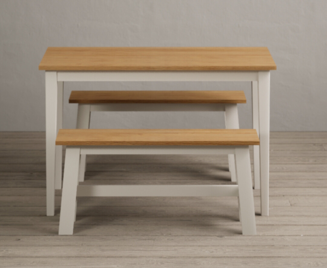 Kendal 115cm Solid Oak and Cream Painted Dining Table with 2 Cream Benches