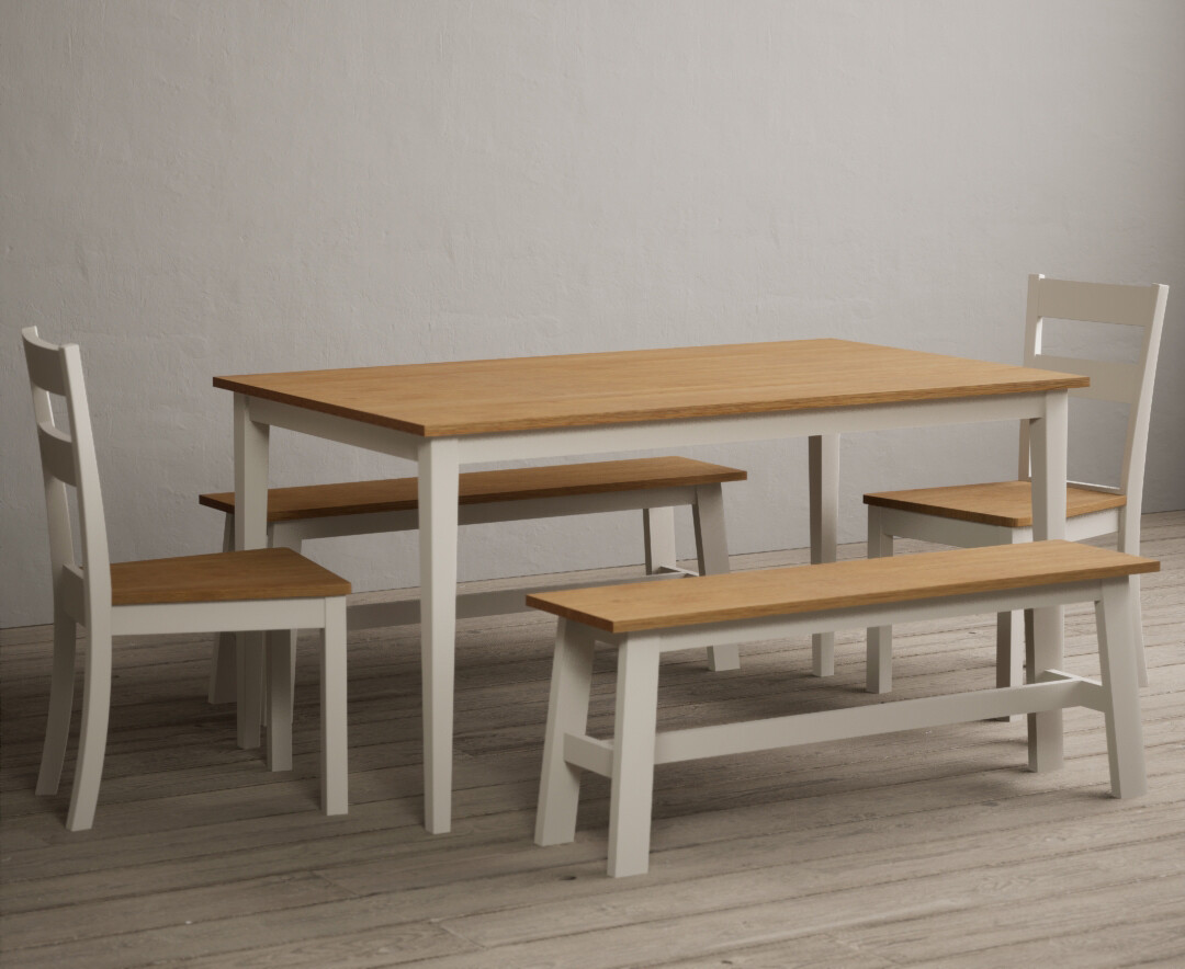 Kendal 150cm Solid Oak And Cream Painted Dining Table With 2 Charcoal Grey Kendal Chairs With 1 Cream Bench