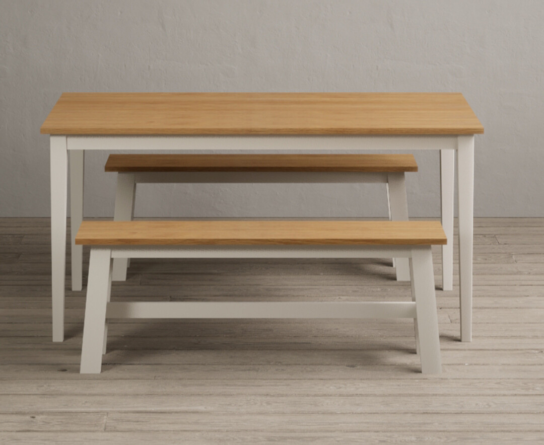 Kendal 150cm Solid Oak And Cream Painted Dining Table With 2 Cream Benches