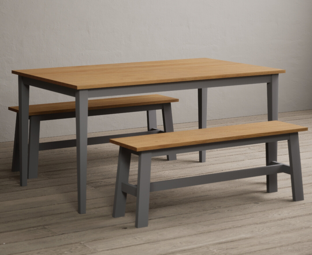 Kendal 150cm Solid Oak And Light Grey Painted Dining Table With 2 Grey Benches