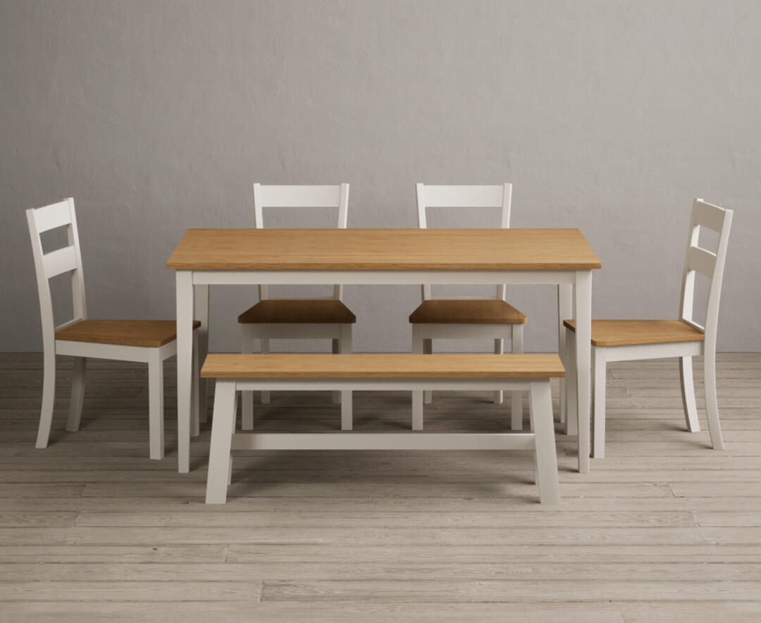 Kendal 150cm Solid Oak and Cream Painted Dining Table with 2 Oak Kendal Chairs with 2 Cream Benches from Oak Furniture Superstore