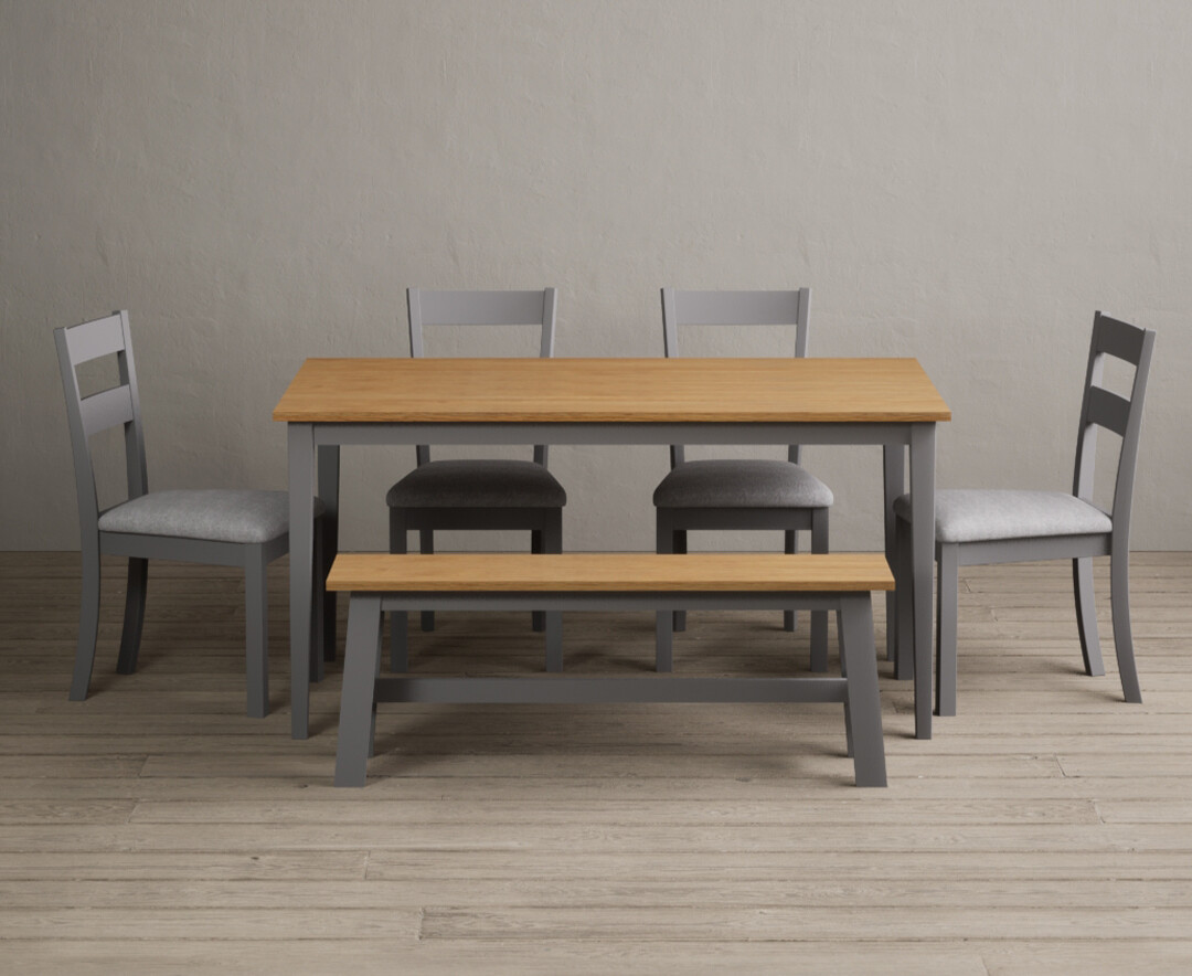 Kendal 150cm Solid Oak and Light Grey Painted Dining Table with 2 Linen Kendal Chairs with 2 Grey... from Oak Furniture Superstore