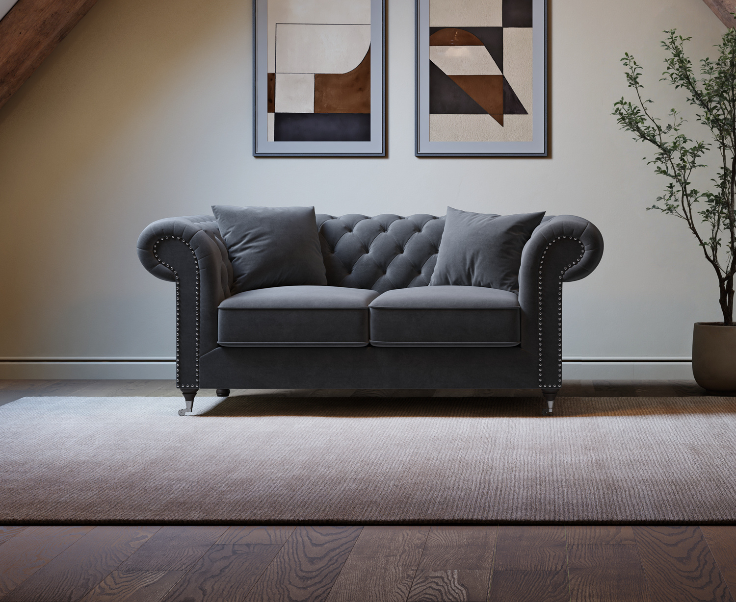 Kensington Chesterfield Dark Grey Velvet 2 Seater Sofa