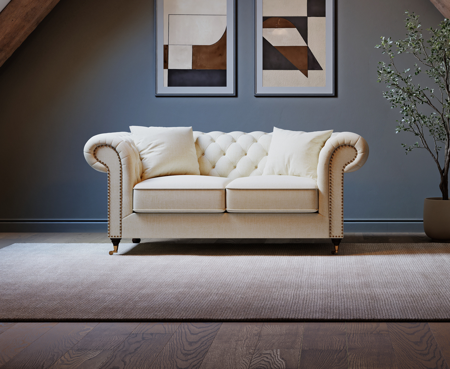 Kensington Chesterfield Ivory Linen 2 Seater Sofa