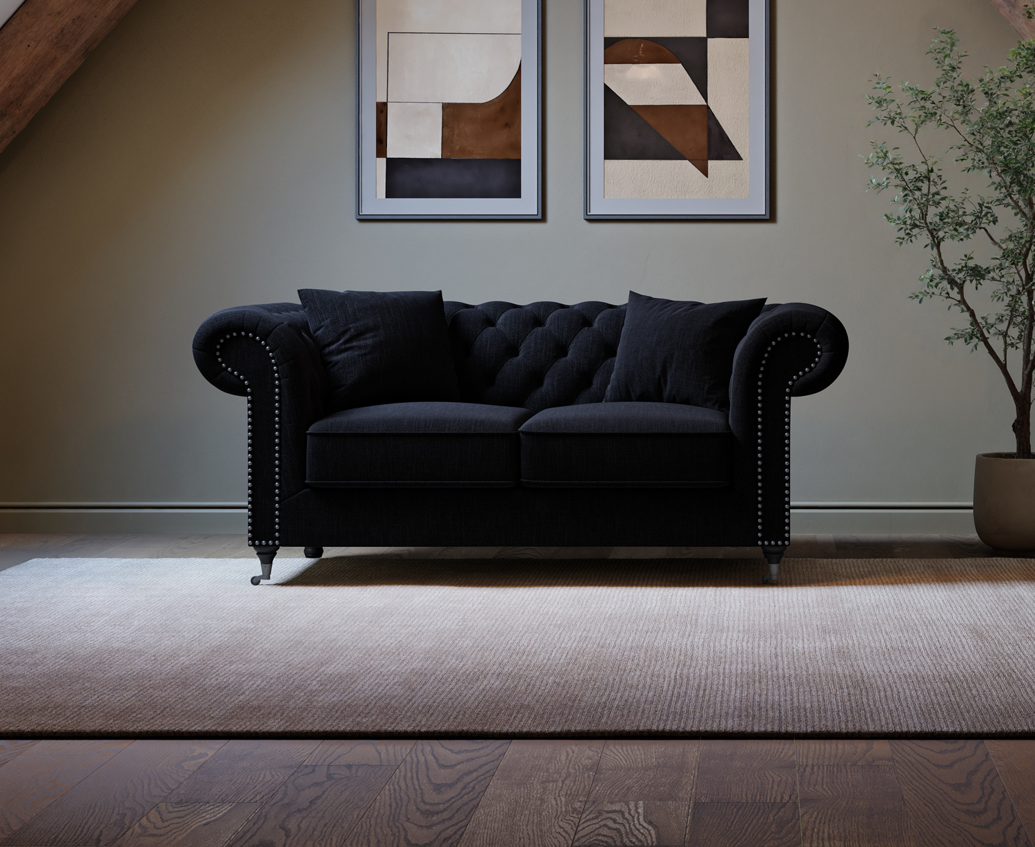 Kensington Chesterfield Black Linen 2 Seater Sofa