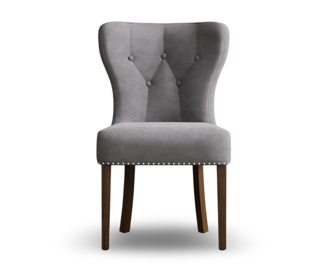 Keswick Studded Grey Velvet Dark Oak Leg Dining Chairs |Oak&More