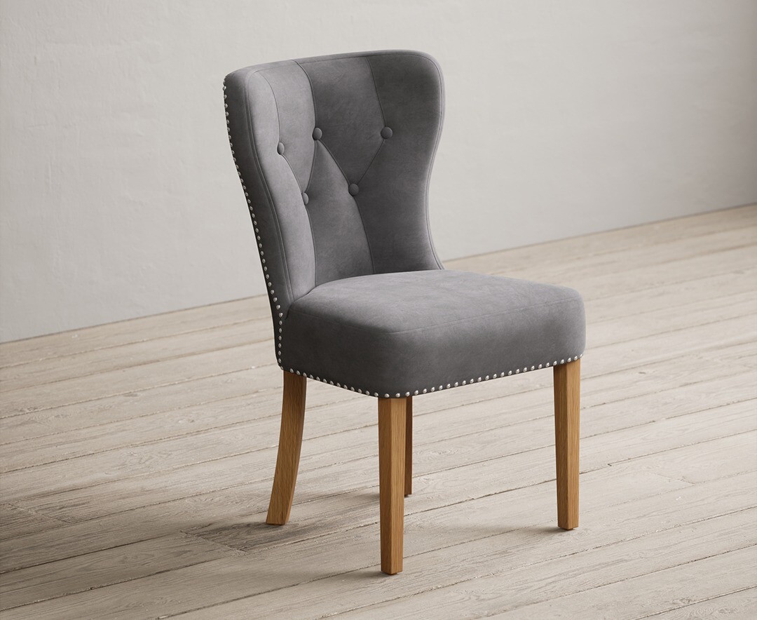 Keswick Studded Grey Velvet Oak Leg Dining Chairs |Oak&More