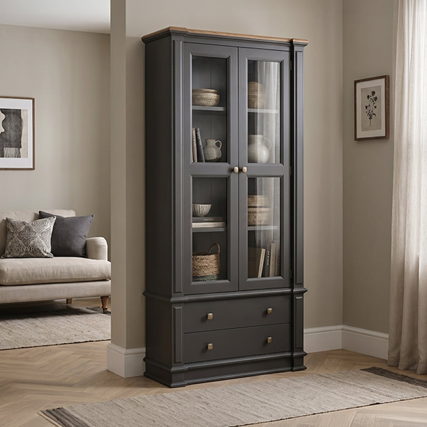 Lawson Oak and Charcoal Grey Painted Glazed Display Cabinet