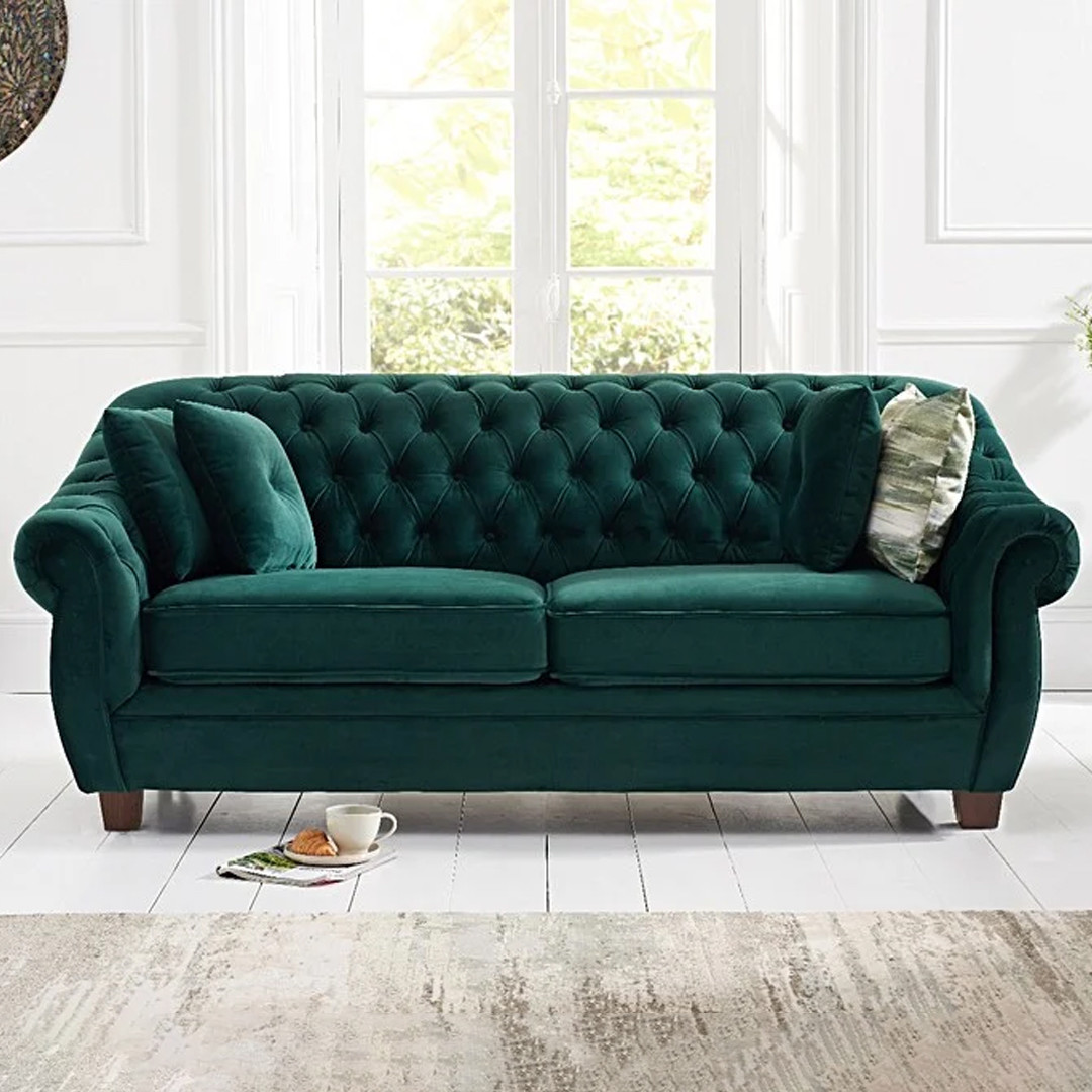 Eva Chesterfield Green Velvet Three-Seater Sofa