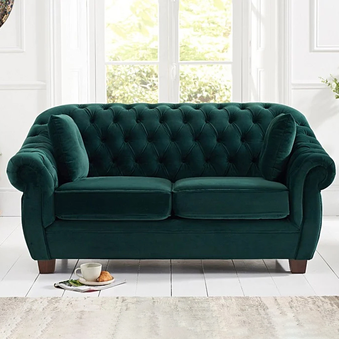 Eva Chesterfield Green Velvet Two-Seater Sofa