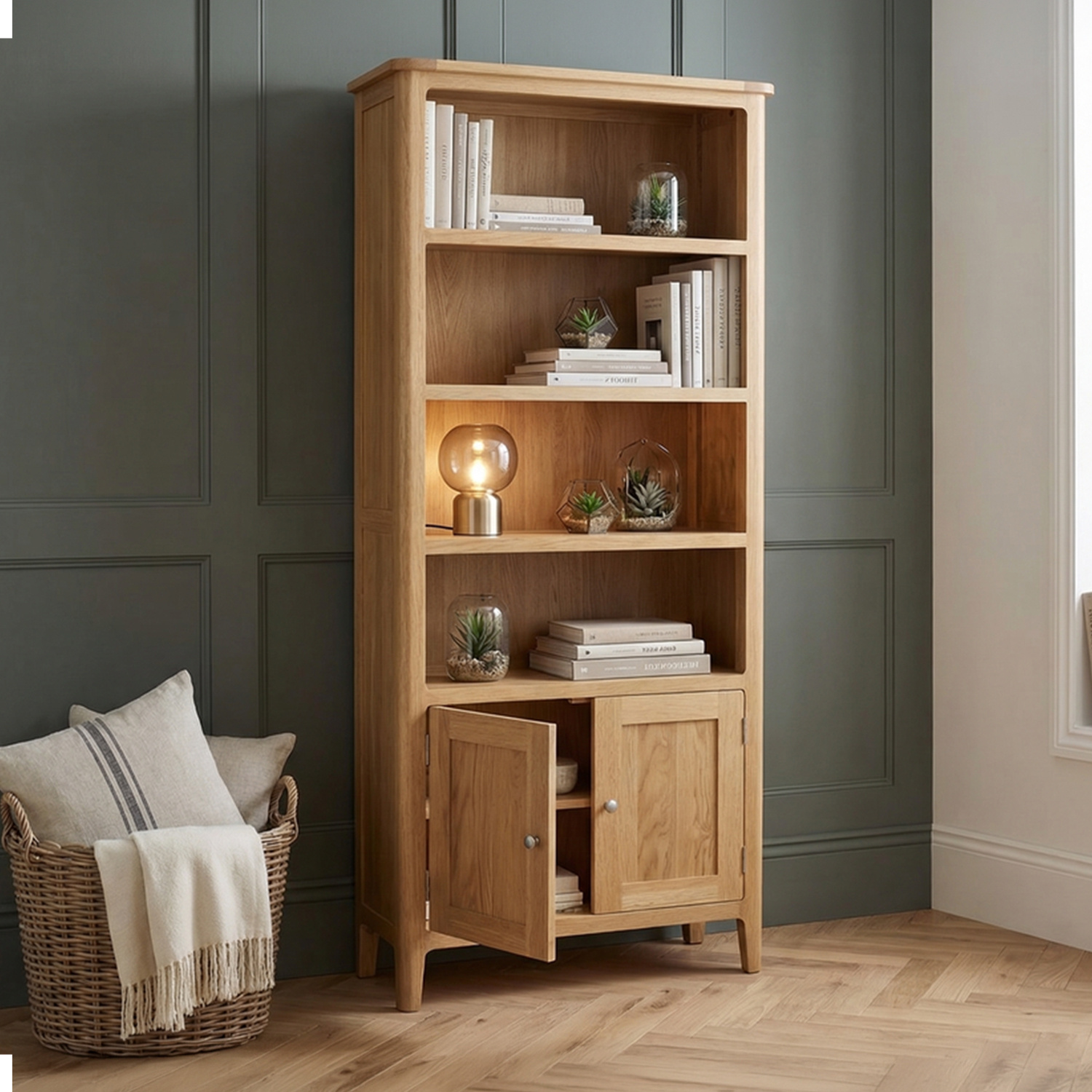 Tall Solid Oak Bookcase with Shelves