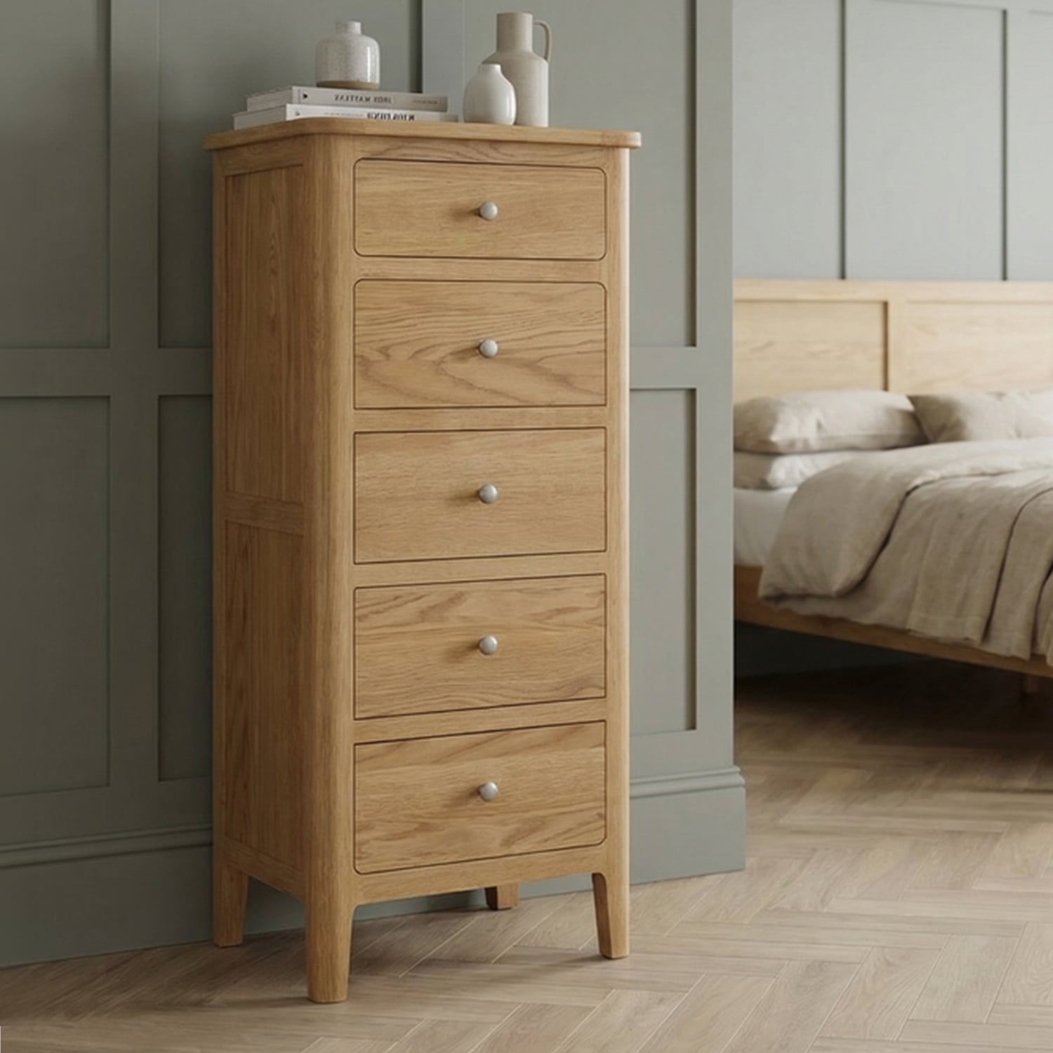 Solid Oak Tallboy Chest of Drawers - 5 Drawer