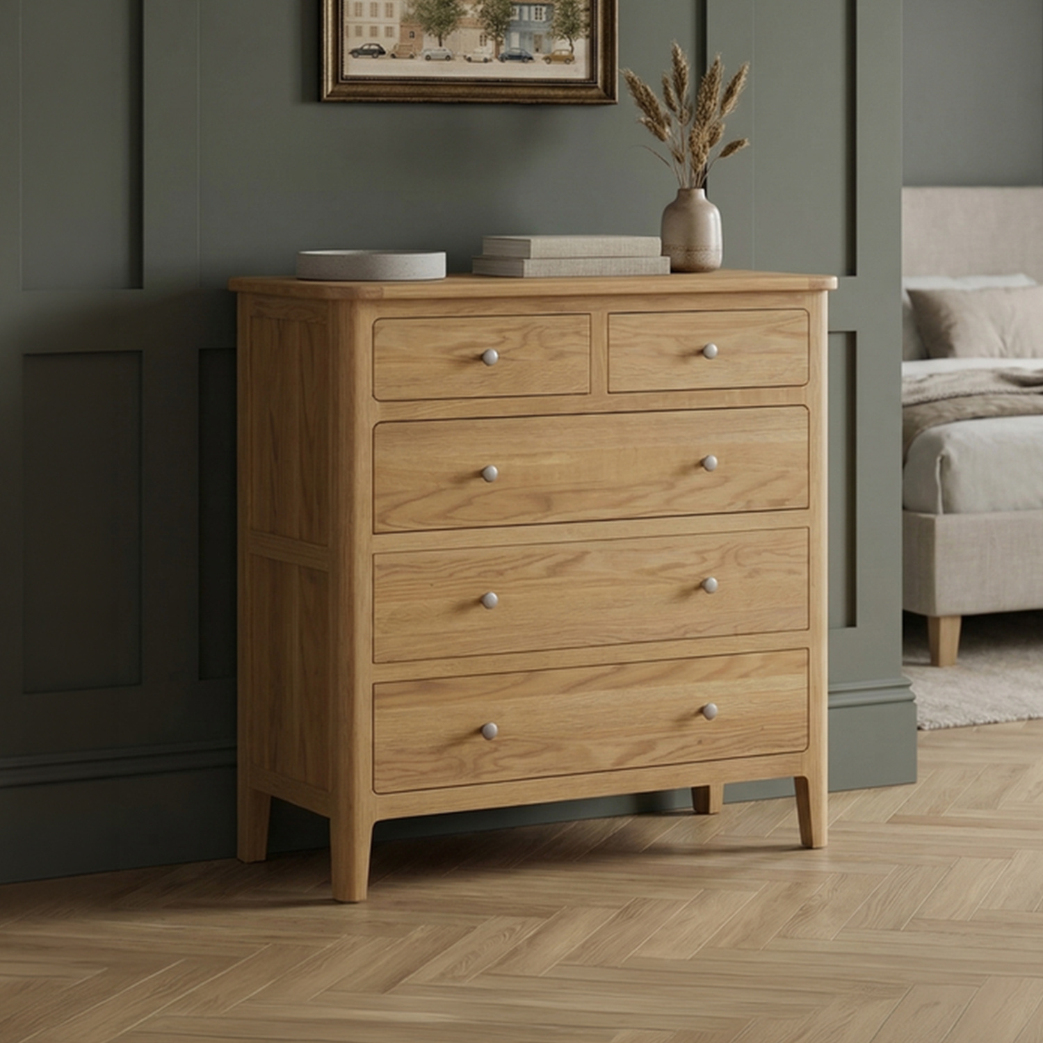 Solid Oak 2 Over 3 Chest of Drawers - 5 Drawer