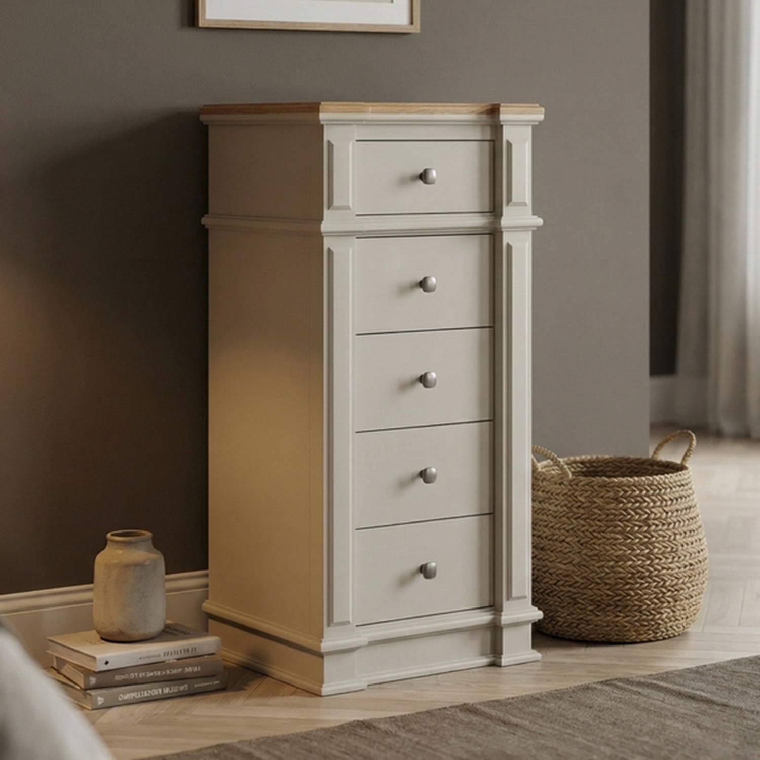 Lawson Oak and Soft White Painted 5 Drawer Tallboy