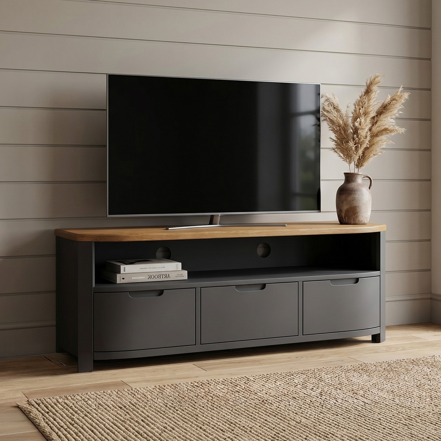 Bradwell Oak And Charcoal Painted Large Tv Unit