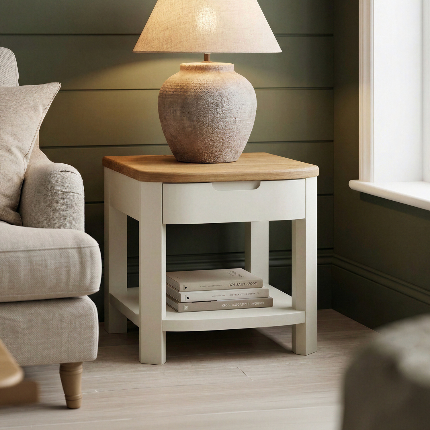 Bradwell Oak and Signal White Painted 1 Drawer Lamp Table