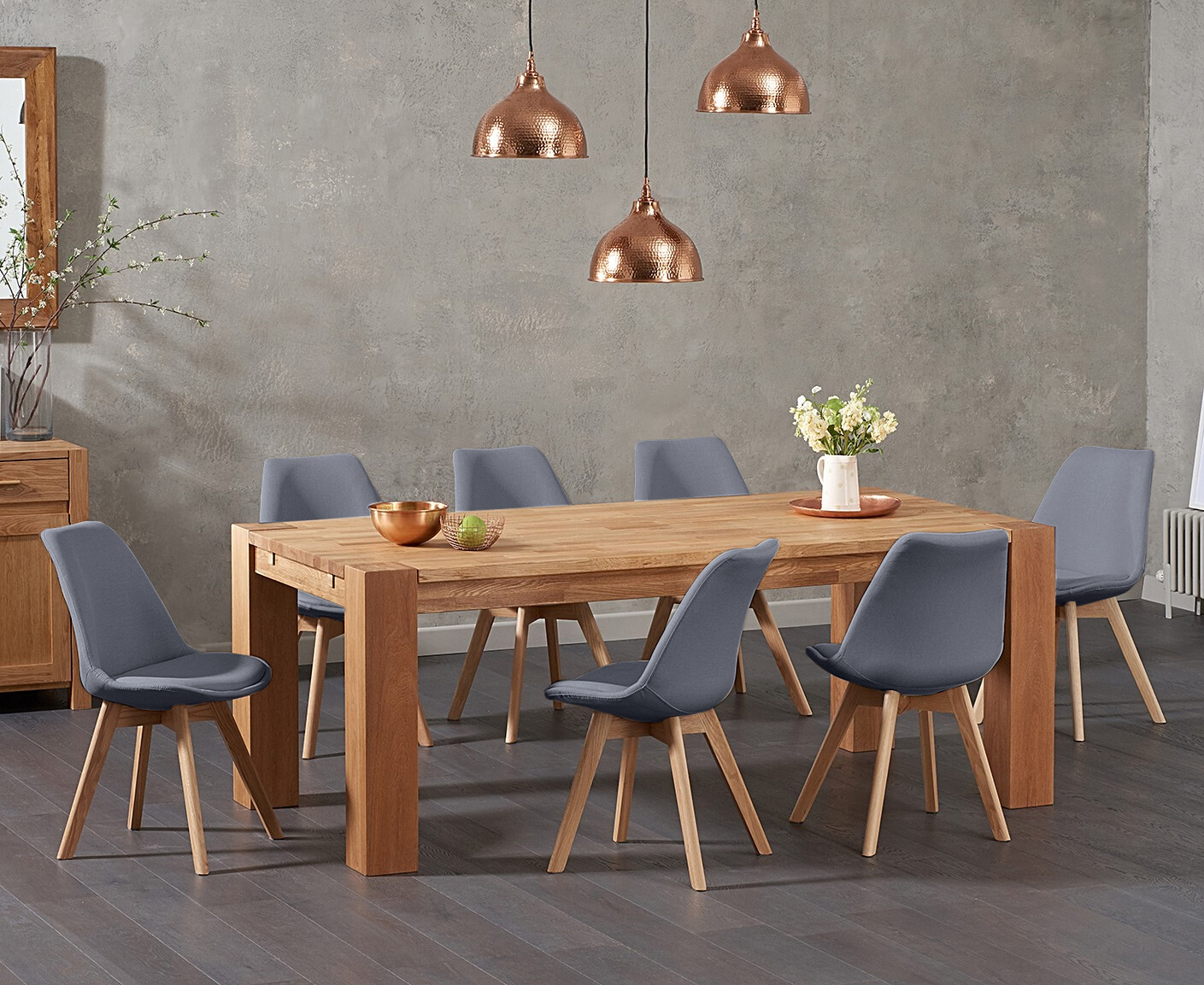 Sheringham 200cm Solid Oak Dining Table with 8 Light Grey Orson Chairs