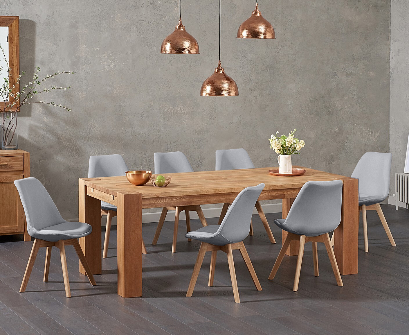 Sheringham 200cm Solid Oak Dining Table With 8 Light Grey Orson Chairs