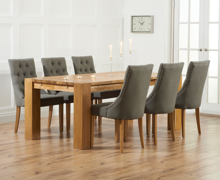 Sheringham 200cm Solid Oak Dining Table With 6 Grey Beatrix Chairs With Sheringham Oak Extensions Pair