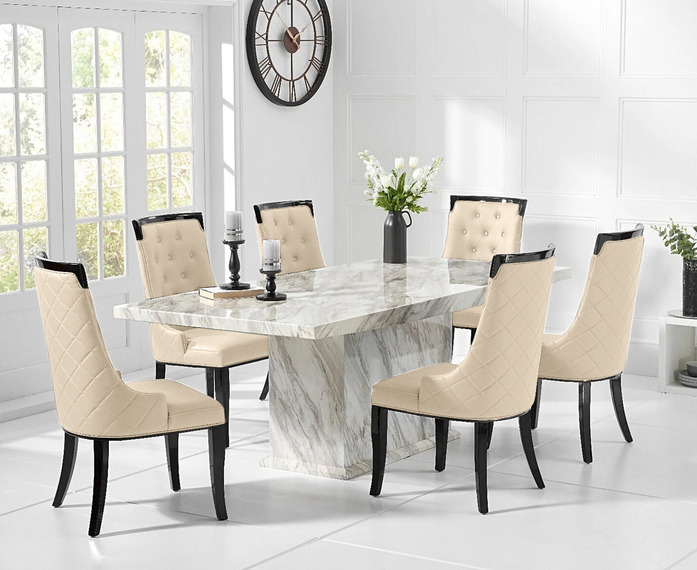 Marino 180cm Marble Dining Table With 6 Cream Francesca Chairs