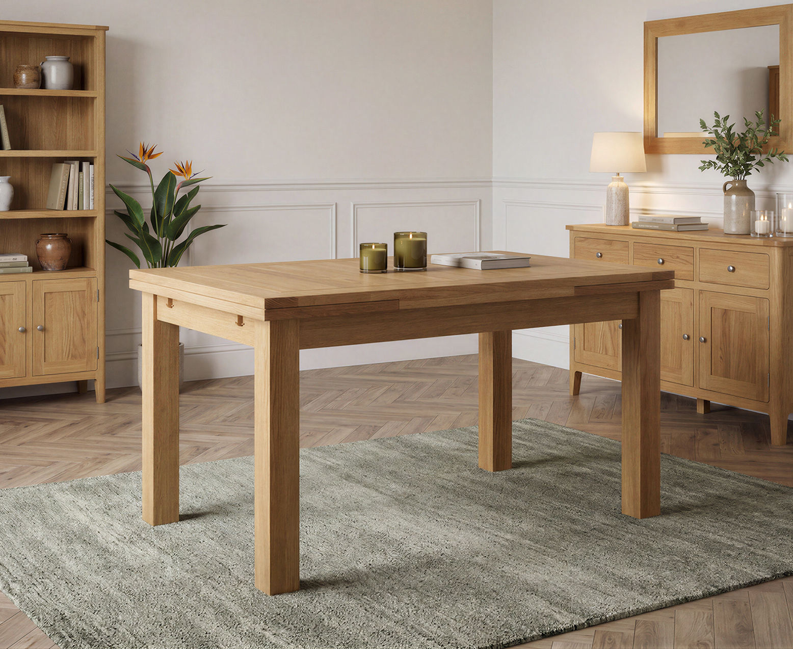 York 150cm Solid Oak Dining Table with 4 Light Grey York Chairs and 2 Oak Benches