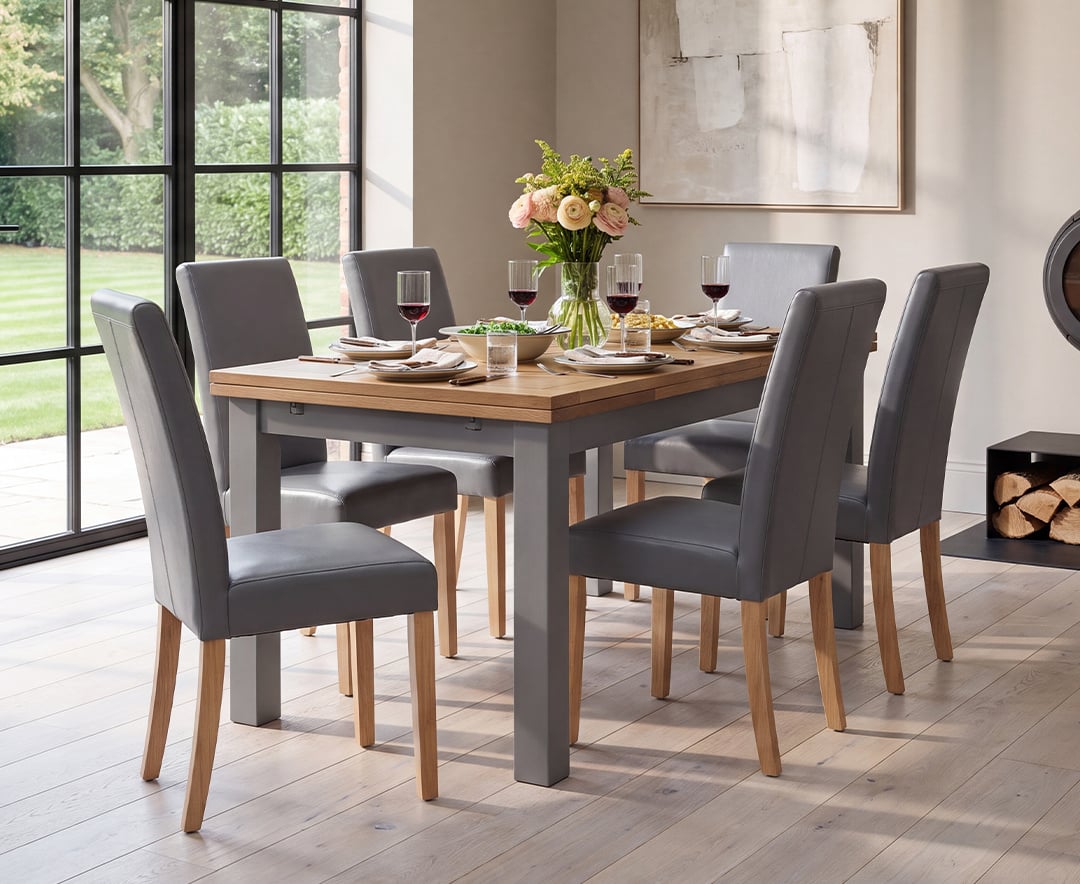 Extending Buxton 140cm Oak and Light Grey Painted Dining Table with 4 Grey Olivia Chairs