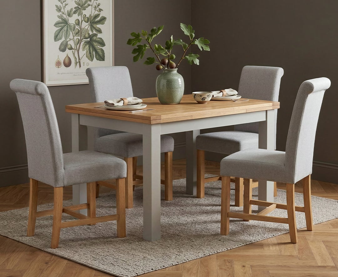 Extending Buxton 140cm Oak and Light Grey Painted Dining Table with 4 Grey Braced Chairs