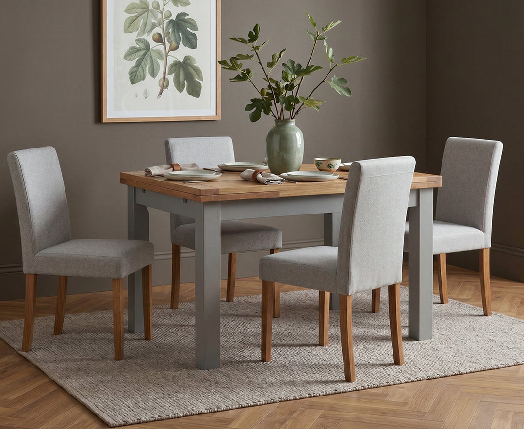 Extending Buxton 140cm Oak and Light Grey Painted Dining Table with 4 Grey Lila Chairs