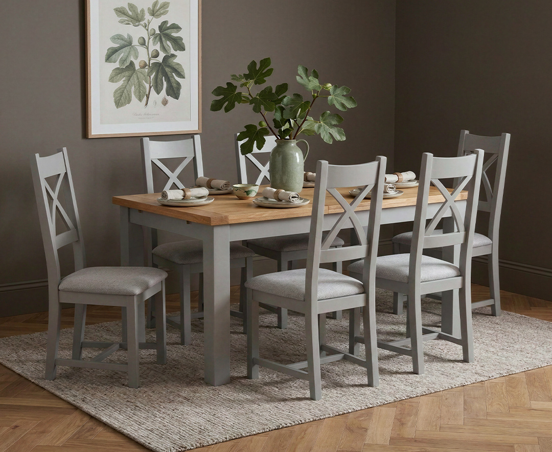 Extending Buxton 140cm Oak and Light Grey Painted Dining Table with 6 Light Grey Painted Chairs