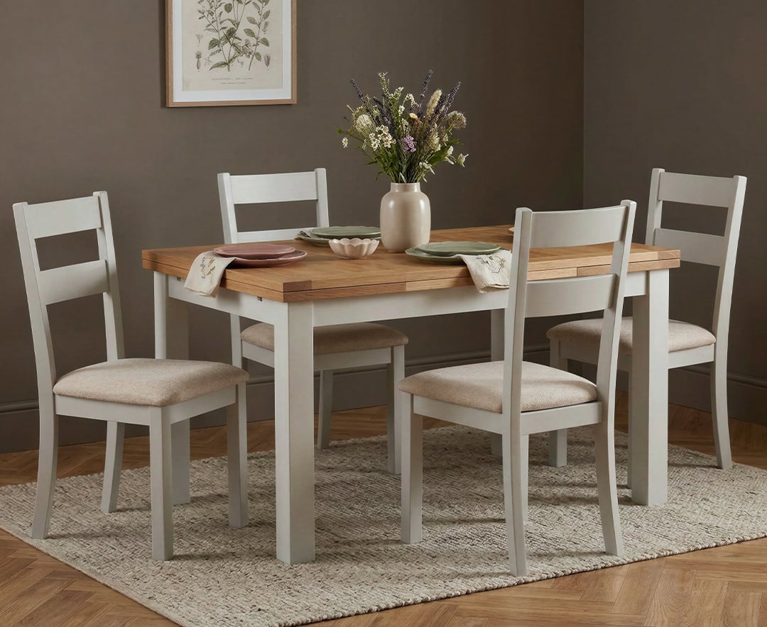 Extending Buxton 140cm Oak and Signal White Painted Dining Table with 4 Linen Kendal Chairs