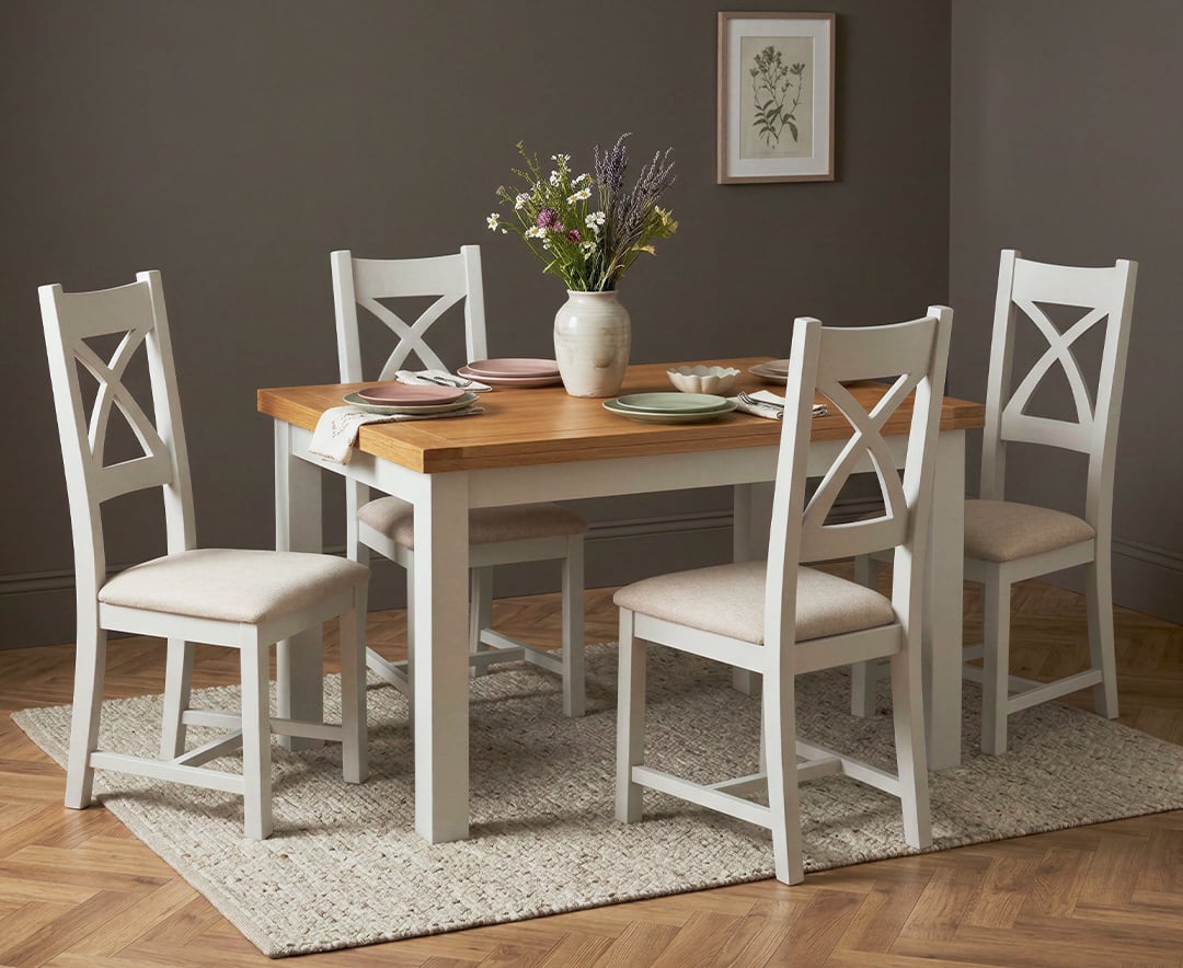 Extending Buxton 140cm Oak and Signal White Painted Dining Table with 4 Linen Painted Chairs