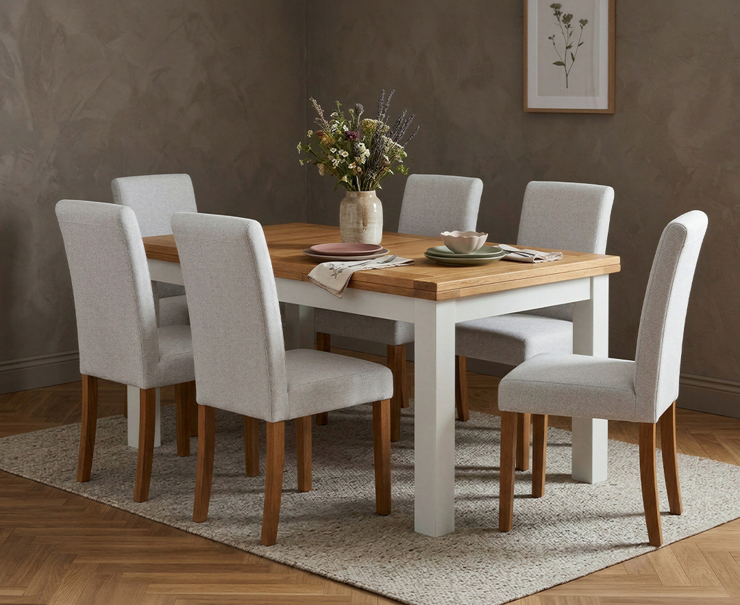 Extending Buxton 140cm Oak and Signal White Painted Dining Table with 6 Grey Lila Chairs