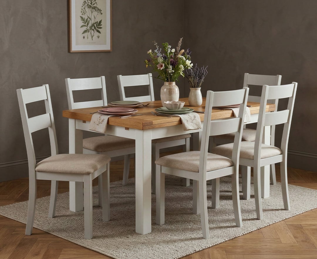 Extending Buxton 140cm Oak and Signal White Painted Dining Table with 6 Linen Kendal Chairs