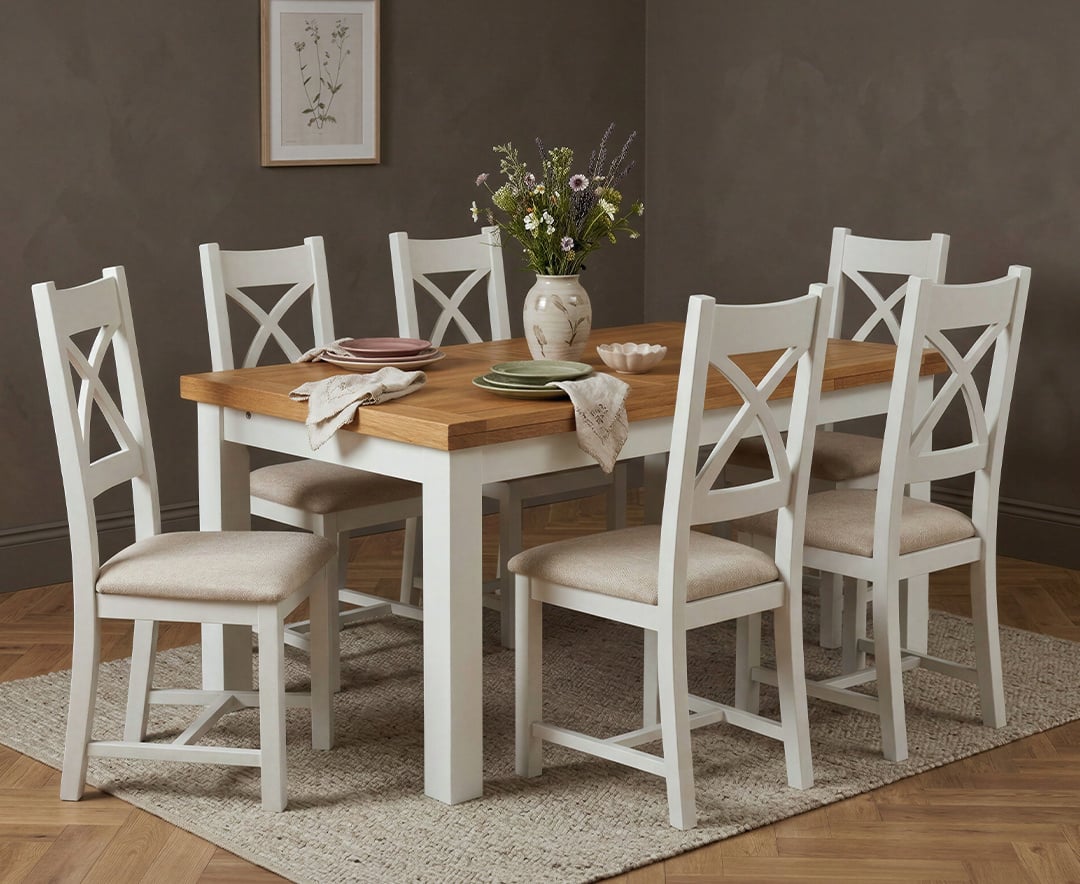 Extending Buxton 140cm Oak and Signal White Painted Dining Table with 6 Linen Painted Chairs