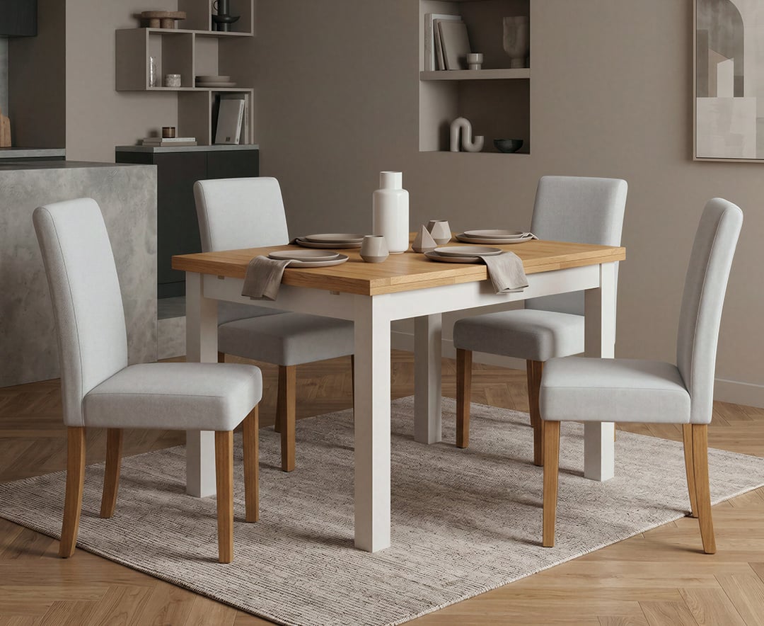 Extending Buxton 140cm Oak and Soft White Painted Dining Table with 4 Grey Lila Chairs