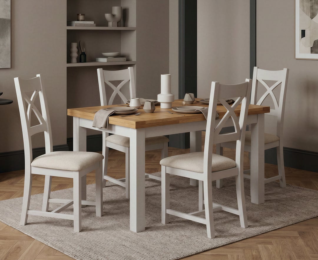 Extending Buxton 140cm Oak and Soft White Painted Dining Table with 4 Linen Painted Chairs