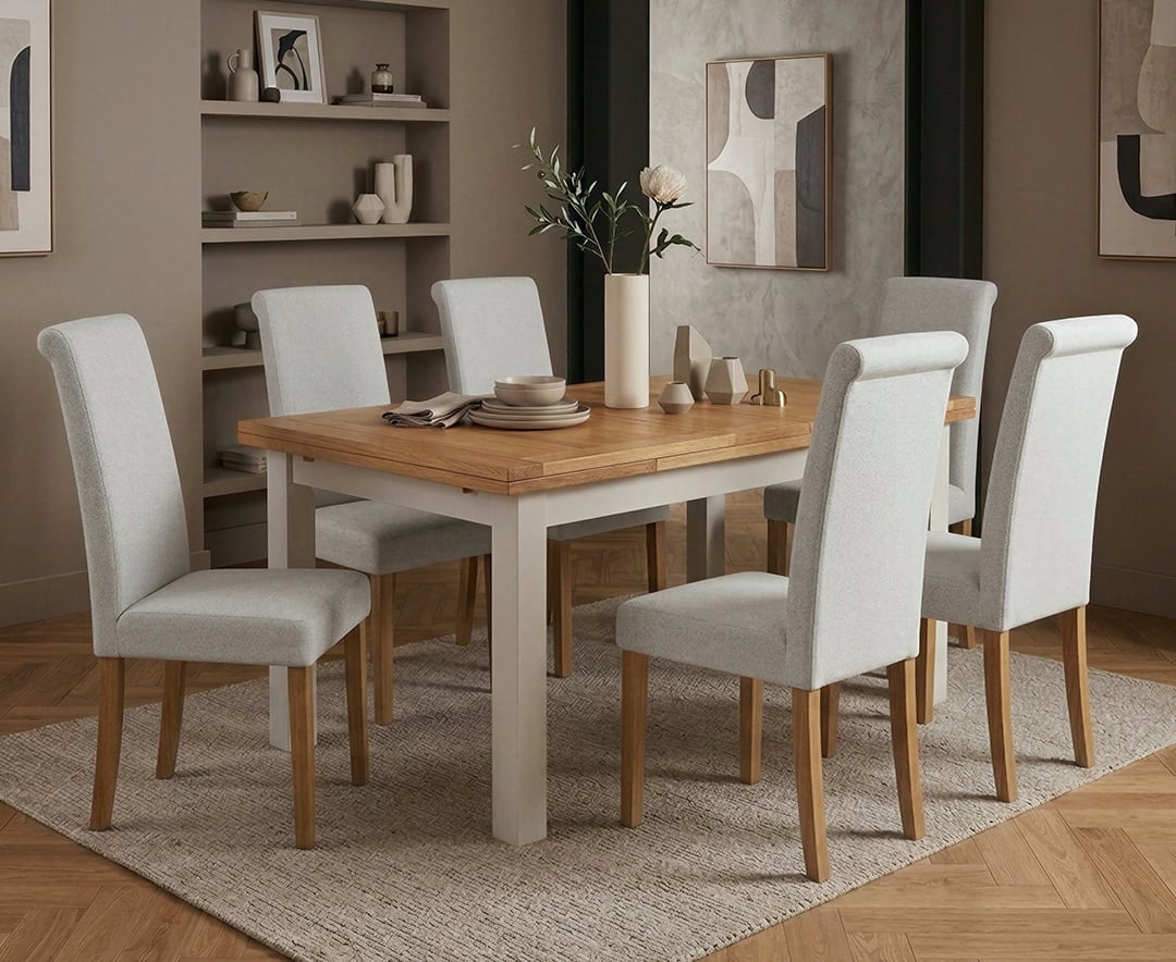 Extending Buxton 140cm Oak and Soft White Painted Dining Table with 6 Grey Lila Chairs