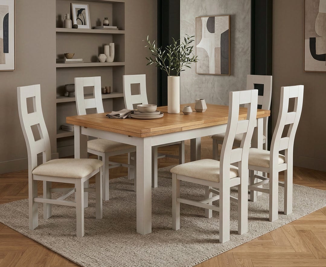 Extending Buxton 140cm Oak and Soft White Painted Dining Table with 6 Linen Painted Chairs