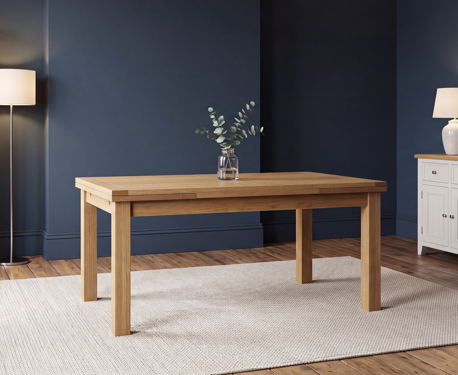 York 150cm Solid Oak Dining Table with 4 Light Grey York Chairs and 2 Oak Benches