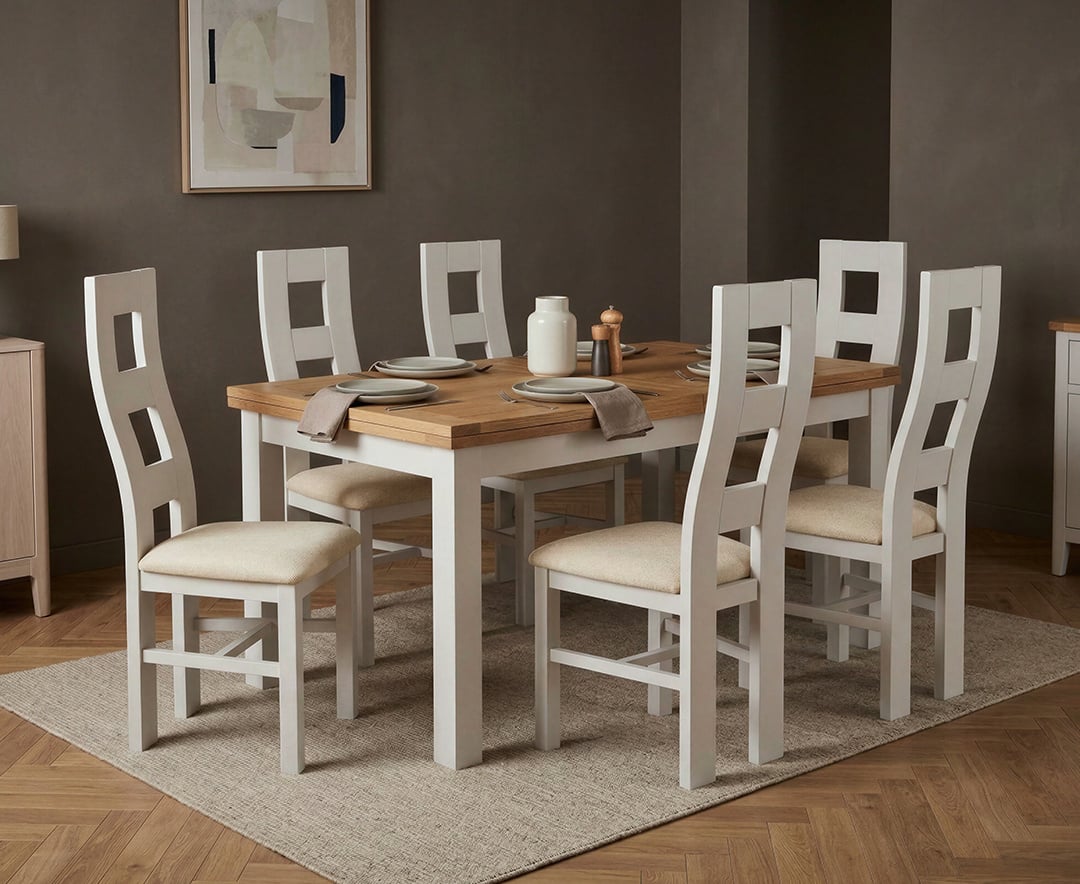 Extending Buxton 180cm Oak and Soft White Painted Dining Table with 6 Brown Painted Chairs