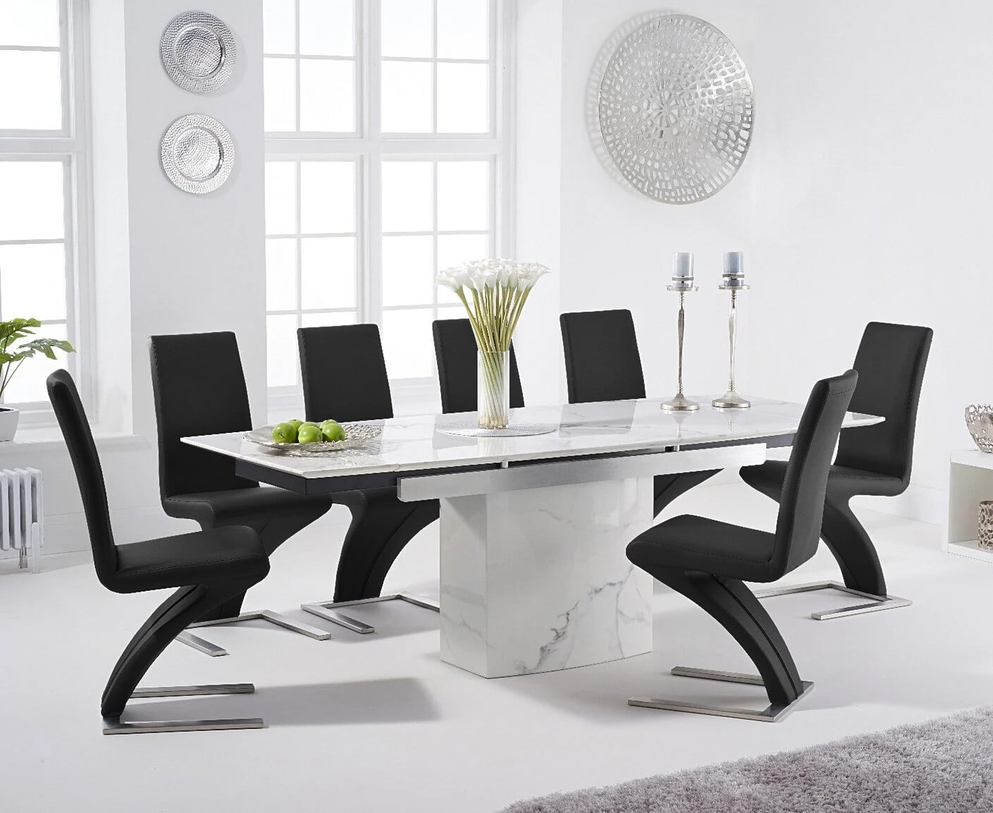 Extending Savona 160cm White Ceramic Dining Table with 6 Grey Aldo Chairs