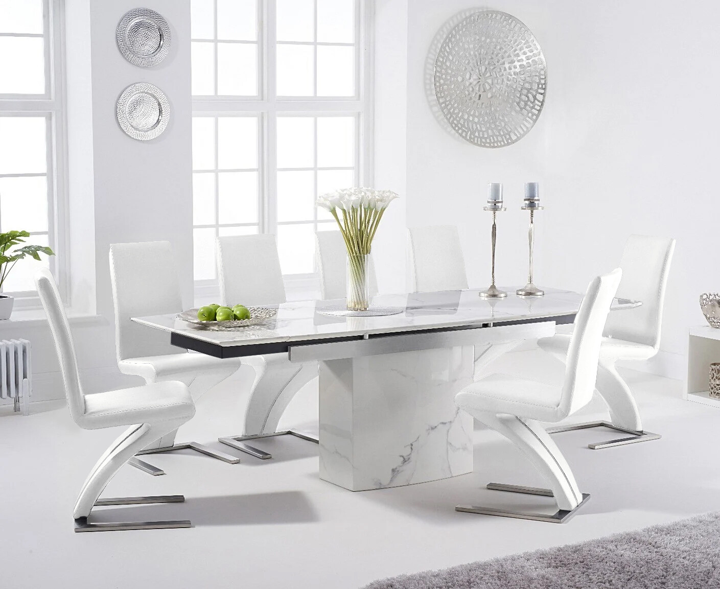 Extending Savona 160cm White Ceramic Dining Table With 8 White Aldo Chairs
