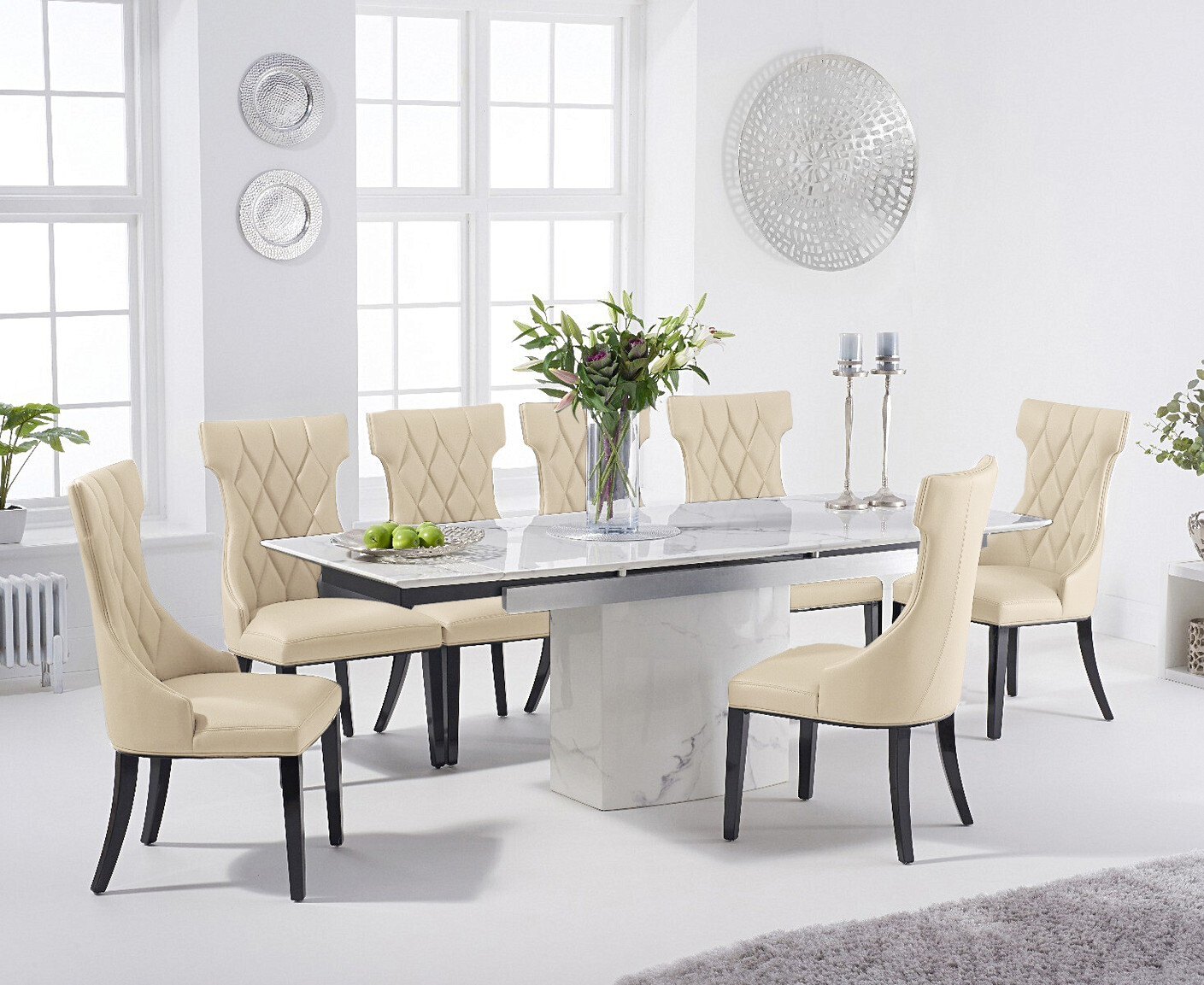 Extending Savona 160cm White Ceramic Dining Table with 10 Grey Sophia Chairs