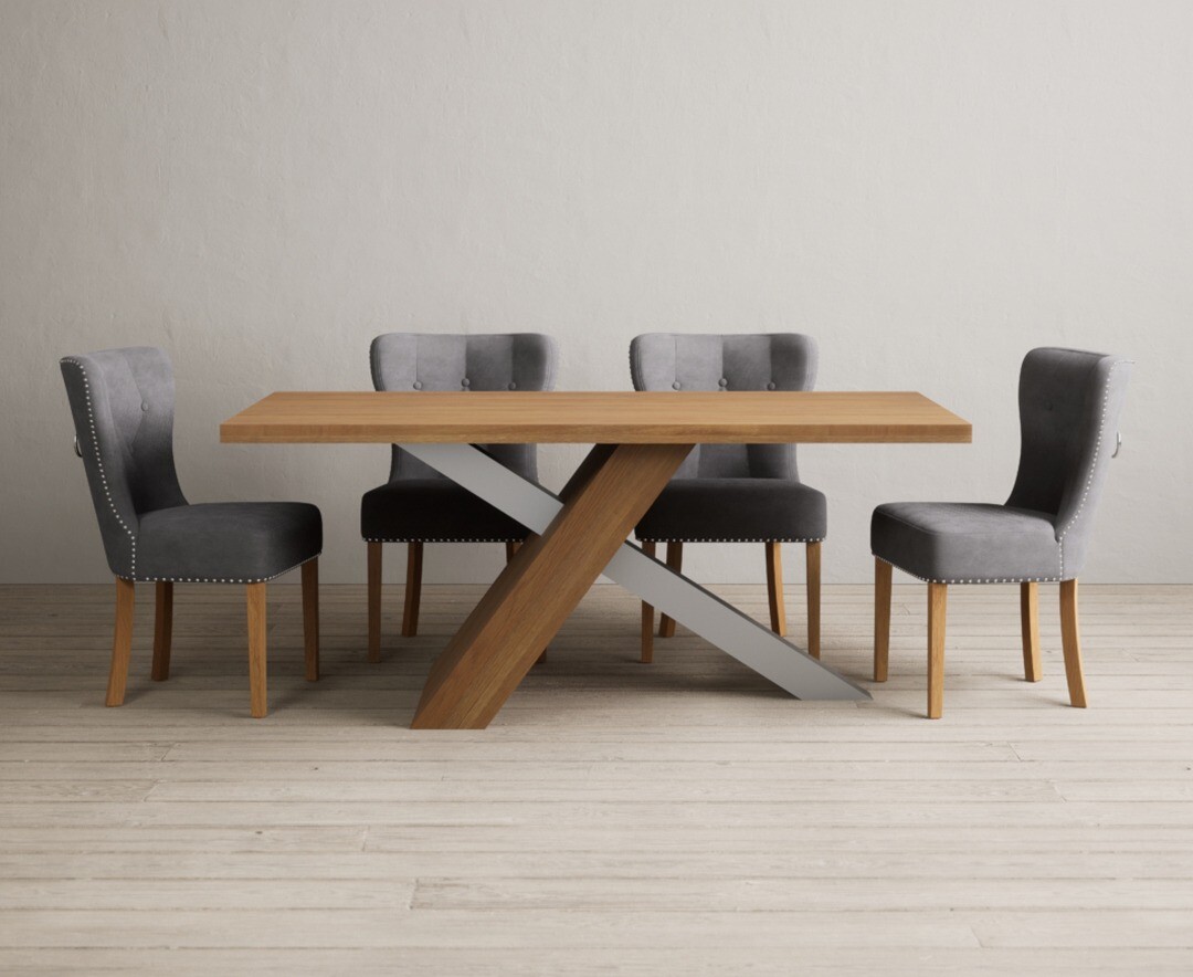 Michigan 180cm Solid Oak and Metal Industrial Dining Table with 6 Grey Keswick Chairs thumbnail