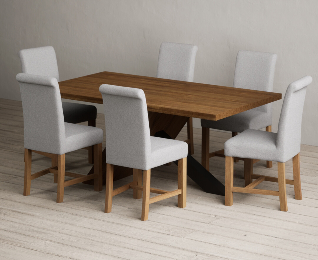 Michigan 180cm Rustic Oak And Metal Black Leg Industrial Dining Table With 6 Blue Braced Chairs