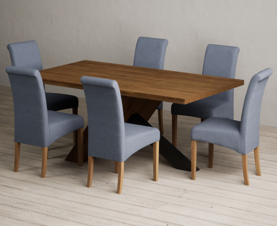 Michigan 180cm Rustic Oak And Metal Black Leg Industrial Dining Table With 6 Blue Scroll Back Chairs