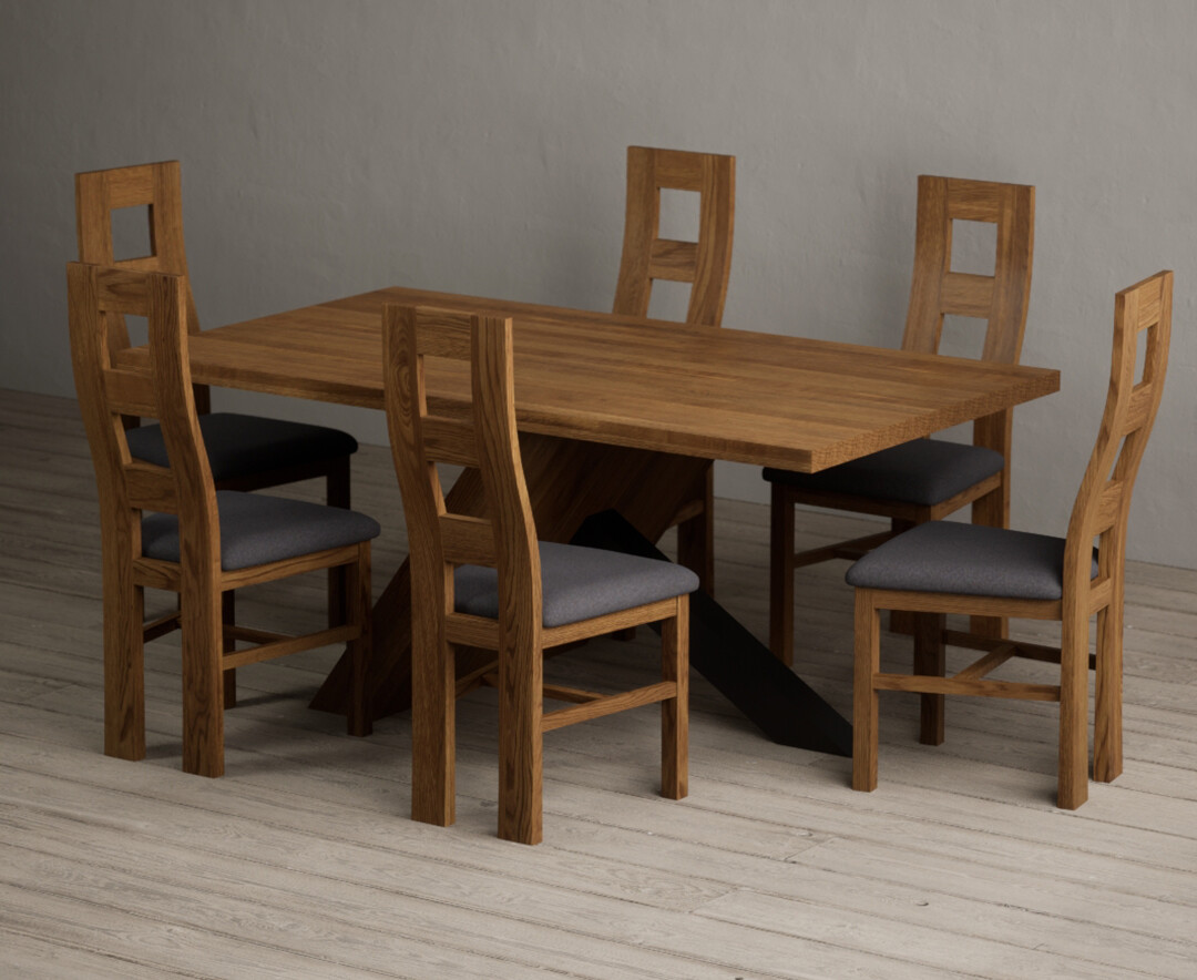 Michigan 180cm Rustic Oak and Metal Black Leg Industrial Dining Table with 6 Brown Rustic Solid Oak Chairs