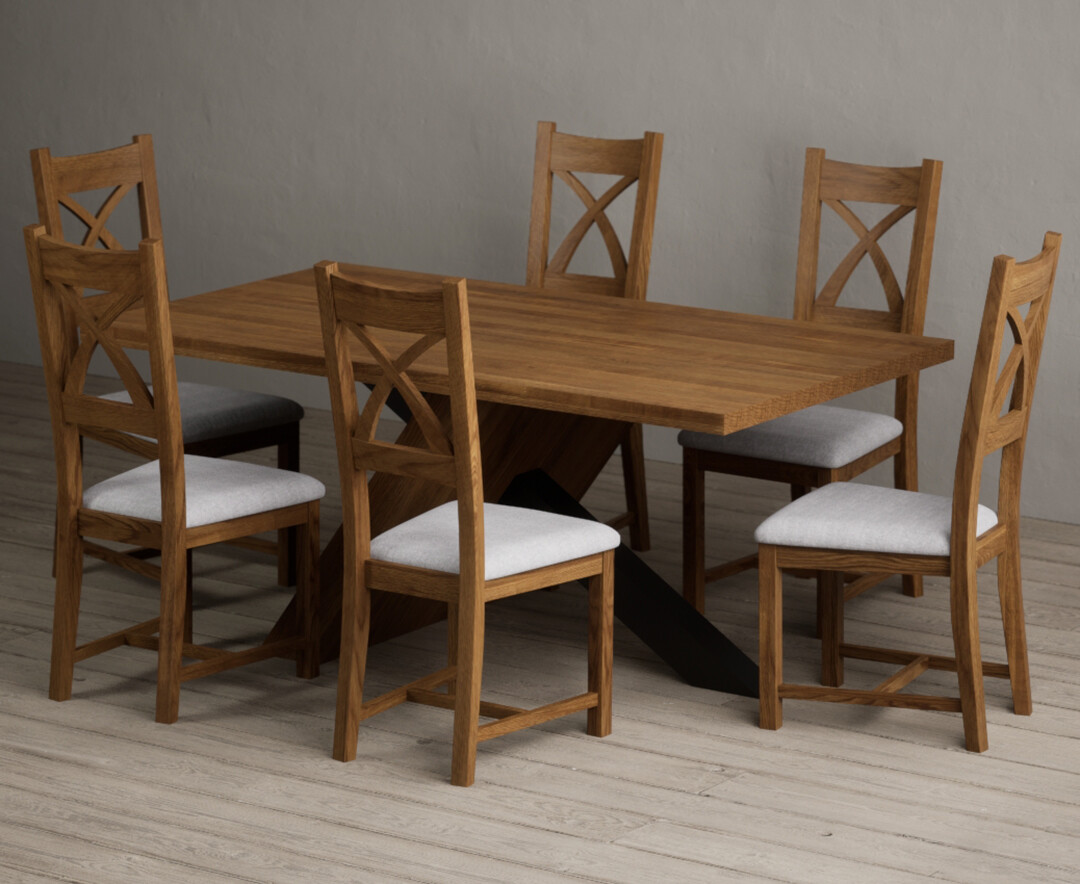 Michigan 180cm Rustic Oak And Metal Black Leg Industrial Dining Table With 6 Blue Rustic Solid Oak Chairs